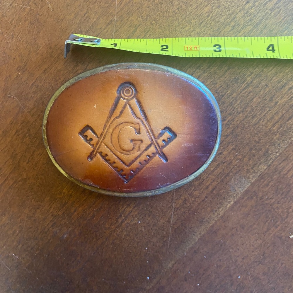 Vintage Freemason Leather Belt Buckle Brown‎ Oval Square and Compass Masonic G